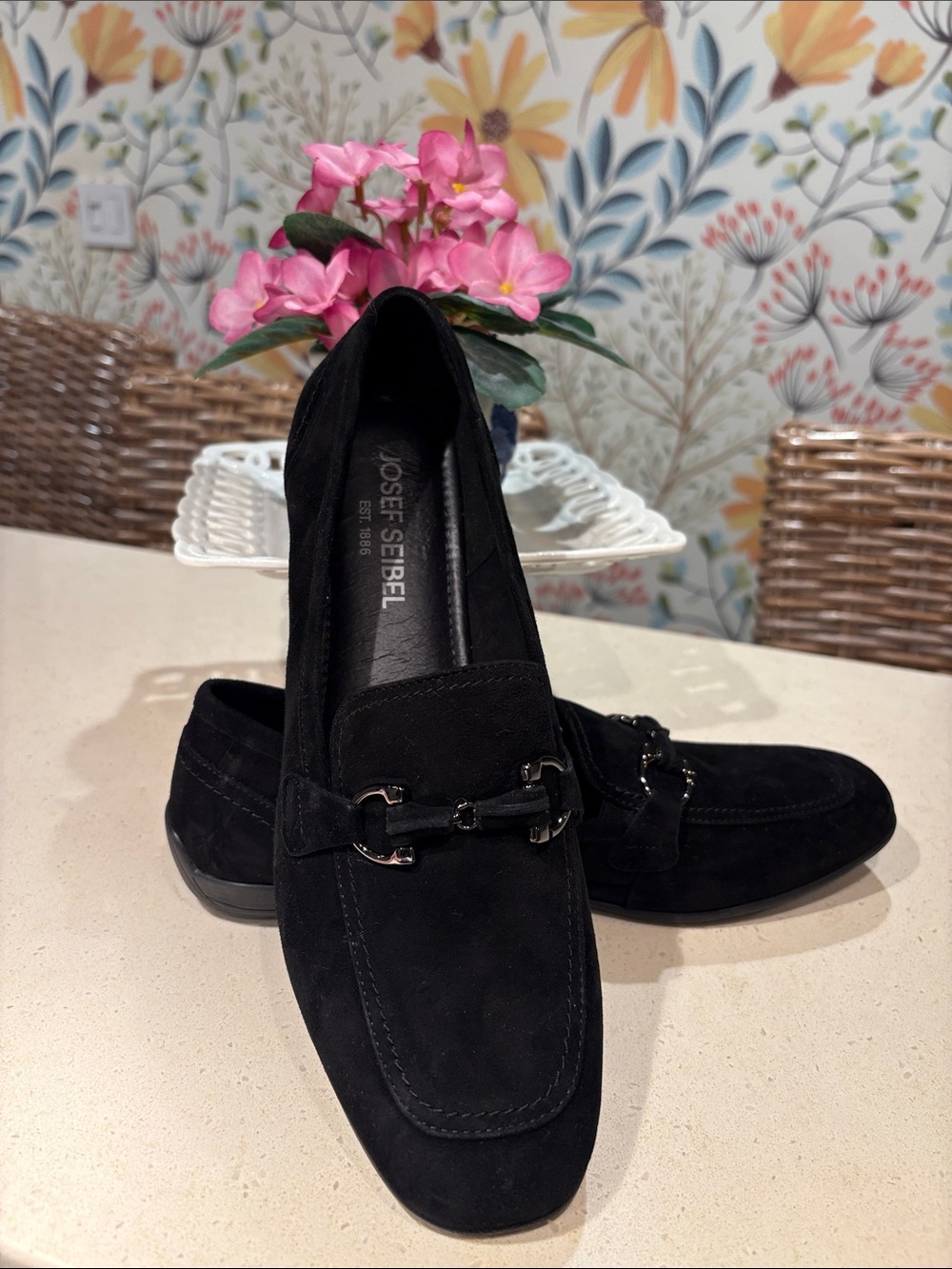 Josef Seibel Black Suede Slip-On Loafers with Metal Bit - Women’s Size 40